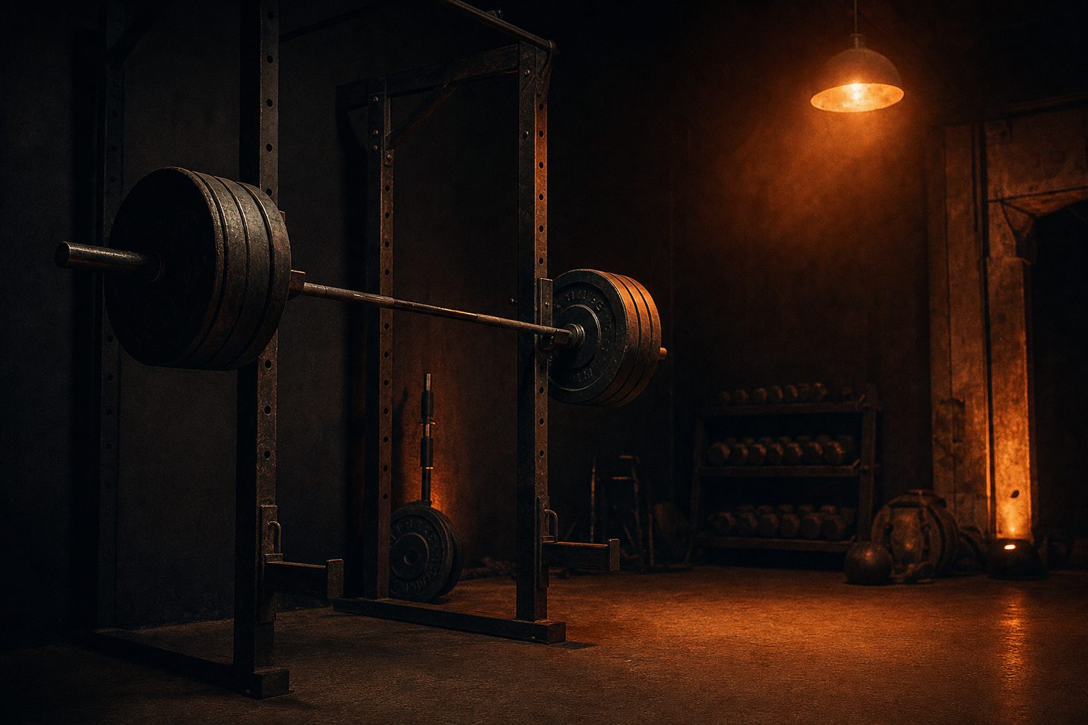 Empty gym rack under warm forge light
