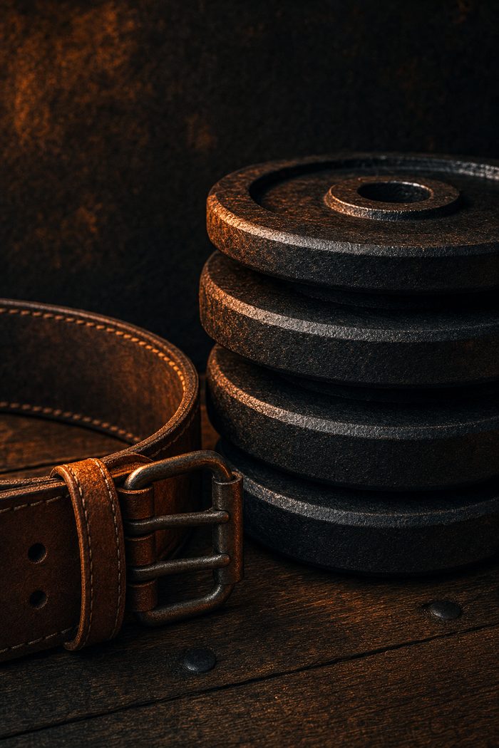 Iron plates and a lifting belt on dark wood